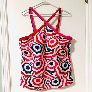 Lands’ End beach umbrella print tankini top red blue ink white size 22W